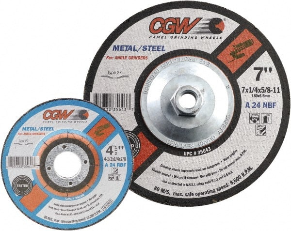 Camel Grinding Wheels - 24 Grit, 7" Wheel Diam, 1/4" Wheel Thickness, Type 27 Depressed Center Wheel - Coarse Grade, Aluminum Oxide, Resinoid Bond, 8,600 Max RPM - Exact Tooling