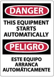 NMC - "Danger - This Equipment Starts Automatically", 14" Long x 10" Wide, Pressure-Sensitive Vinyl Safety Sign - Rectangle, 0.004" Thick, Use for Accident Prevention - Exact Tooling