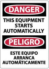NMC - "Danger - This Equipment Starts Automatically", 14" Long x 10" Wide, Rigid Plastic Safety Sign - Rectangle, 0.05" Thick, Use for Accident Prevention - Exact Tooling
