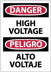NMC - Accident Prevention Label, Header: DANGER - Legend: Danger - High Voltage, English & Spanish, Black, Red & White, 3" Long x 5" High, Sign Muscle Finish - Exact Tooling