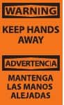 NMC - Accident Prevention Label, Header: WARNING - Legend: Warning - Keep Hands Away, English & Spanish, Black & Orange, 3" Long x 5" High, Sign Muscle Finish - Exact Tooling