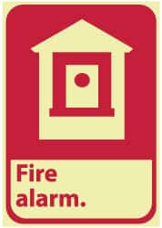 NMC - Fire Alarm, Pressure Sensitive Vinyl Fire Sign - 7" Wide x 10" High, Glow-in-the-Dark - Exact Tooling