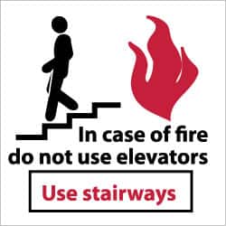 NMC - In Case of Fire - Do Not Use Elevators - Use Stairways, Pressure Sensitive Vinyl Fire Sign - 7" Wide x 7" High, Glow-in-the-Dark - Exact Tooling