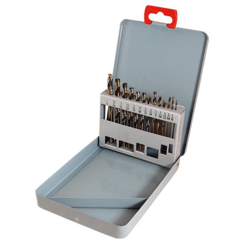 ‎1/16-1/4 RHS / RHC HSS 135 Degree Split Point Heavy Duty Mechanics Length Drill Set - Black & Gold - Exact Tooling