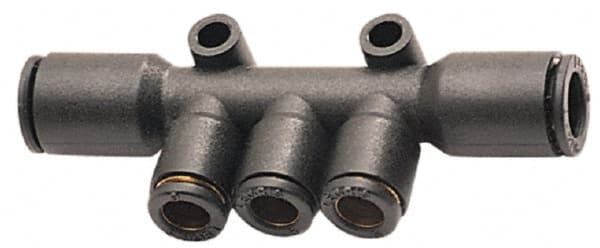Legris - 6 x 4mm Outside Diam, Nylon Push-to-Connect Multiple Tee with Mounting Holes - 290 Max psi, Black - Exact Tooling