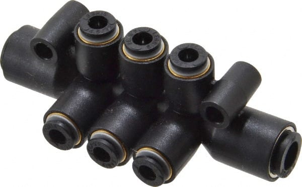 Legris - 1/4 x 5-32" Outside Diam, Nylon Push-to-Connect Tube Double Multiple Tee with Mounting Holes - 290 Max psi, Black - Exact Tooling