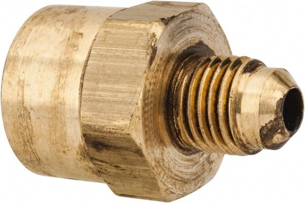 Parker - 1/4" Tube OD, 45° Brass Flared Tube Female Connector - 3/8-18 NPTF, Flare x FNPTF Ends - Exact Tooling