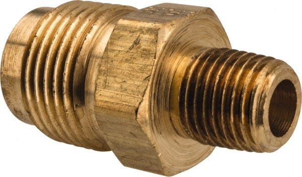 Parker - 5/8" Tube OD, 45° Brass Flared Tube Male Connector - 1/4-18 NPTF, Flare x MNPTF Ends - Exact Tooling