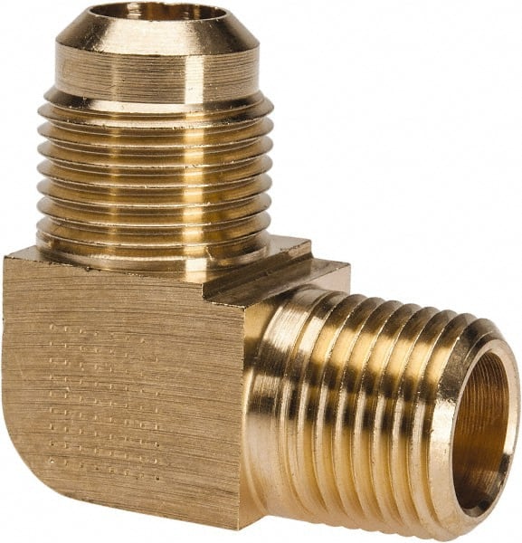 Parker - 5/8" Tube OD, 45° Brass Flared Tube Extended Male Elbow - 1/2-14 NPTF, Flare x MNPTF Ends - Exact Tooling