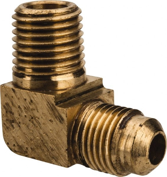 Parker - 5/16" Tube OD, 45° Brass Flared Tube Extended Male Elbow - 1/4-18 NPTF, Flare x MNPTF Ends - Exact Tooling