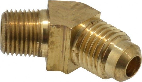Parker - 1/4" Tube OD, 45° Brass Flared Tube Male 45° Elbow - 1/8-27 NPTF, Flare x MNPTF Ends - Exact Tooling