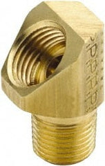 Parker - 1/2" Tube OD, Brass Flared Tube Inverted 45° Elbow - 3/8-18 NPTF, Flare x MNPTF Ends - Exact Tooling