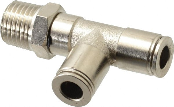 Value Collection - 1/4" Outside Diam, 1/4 NPT, Nickel Plated Brass Push-to-Connect Tube Male Run Tee - 150 Max psi, Tube to Male NPT Connection, Brass O-Ring - Exact Tooling