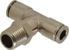 Value Collection - 1/4" Outside Diam, 1/4 NPT, Nickel Plated Brass Push-to-Connect Tube Male Branch Tee - 150 Max psi, Tube to Male NPT Connection, Brass O-Ring - Exact Tooling