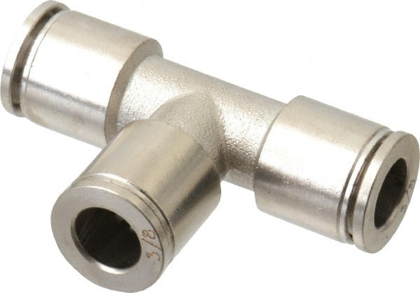 Value Collection - 3/8" Outside Diam, Nickel Plated Brass Push-to-Connect Tube Union Tee - 150 Max psi, Tube to Tube Connection, Brass O-Ring - Exact Tooling