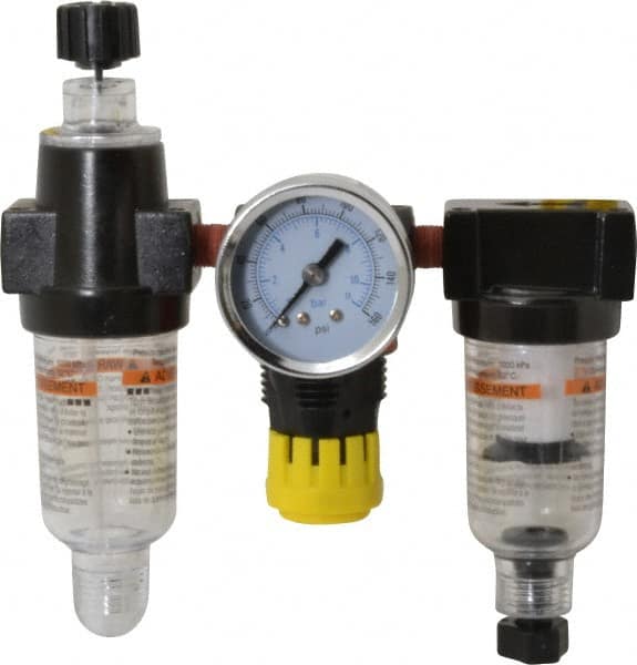 PRO-SOURCE - 1/8" NPT Port Miniature 3 Piece Filter-Regulator-Lubricator FRL Unit - Polycarbonate Bowl, 22 SCFM, 150 Max psi, 5.98" High, Manual Drain - Exact Tooling