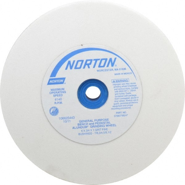 Norton - 100 Grit Aluminum Oxide Bench & Pedestal Grinding Wheel - 6" Diam x 1" Hole x 3/4" Thick, 4140 Max RPM, J Hardness, Fine Grade , Vitrified Bond - Exact Tooling