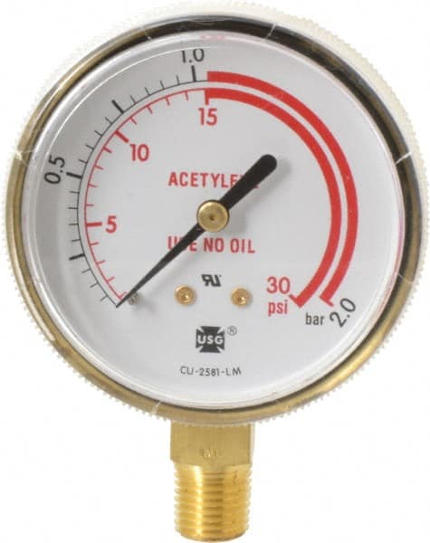 Miller-Smith - 1/4 Inch NPT, 30 Max psi, Brass Case Cylinder Pressure Gauge - 2-1/2 Inch Dial Diameter - Exact Tooling