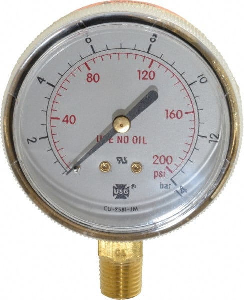 Miller-Smith - 1/4 Inch NPT, 200 Max psi, Brass Case Cylinder Pressure Gauge - 2-1/2 Inch Dial Diameter - Exact Tooling