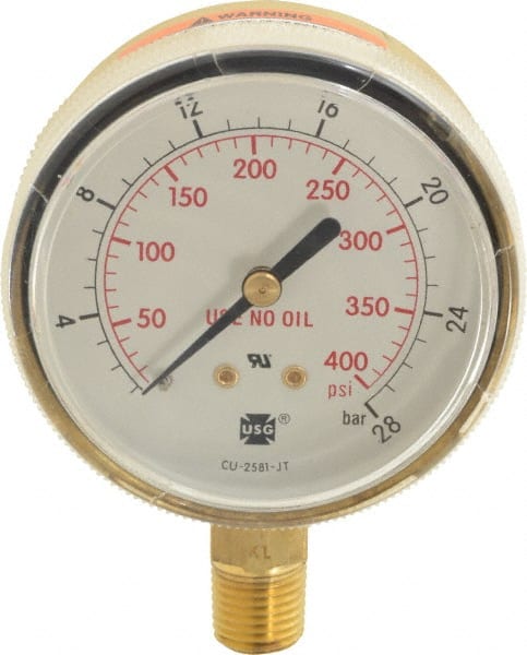 Miller-Smith - 1/4 Inch NPT, 400 Max psi, Brass Case Cylinder Pressure Gauge - 2-1/2 Inch Dial Diameter - Exact Tooling