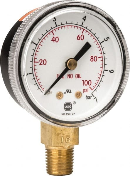 Miller-Smith - 1/4 Inch NPT, 100 Max psi, Brass Case Cylinder Pressure Gauge - 2 Inch Dial Diameter - Exact Tooling