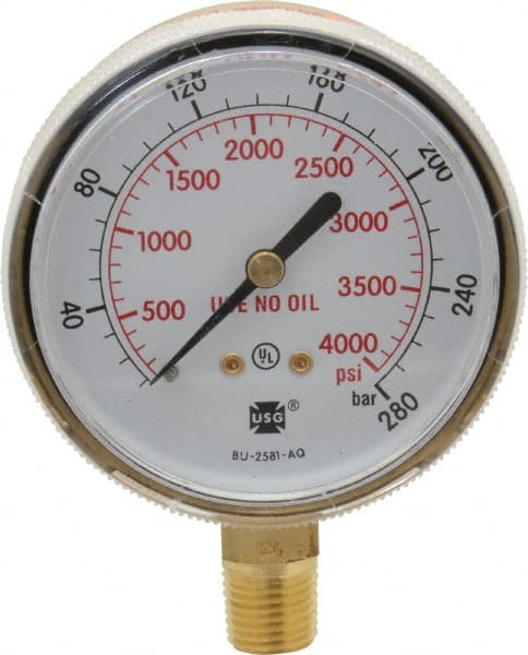 Miller-Smith - 1/4 Inch NPT, 4,000 Max psi, Brass Case Cylinder Pressure Gauge - 2-1/2 Inch Dial Diameter - Exact Tooling