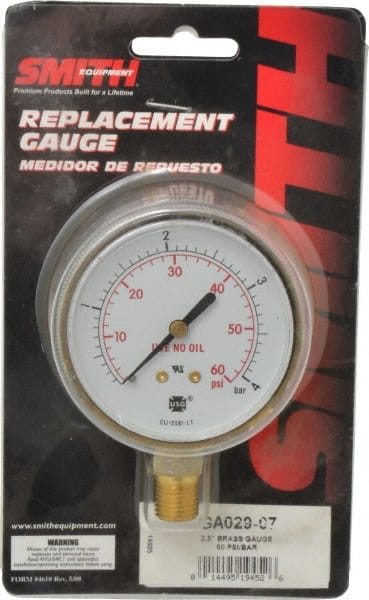 Miller-Smith - 1/4 Inch NPT, 60 Max psi, Brass Case Cylinder Pressure Gauge - 2-1/2 Inch Dial Diameter, All Gases - Exact Tooling