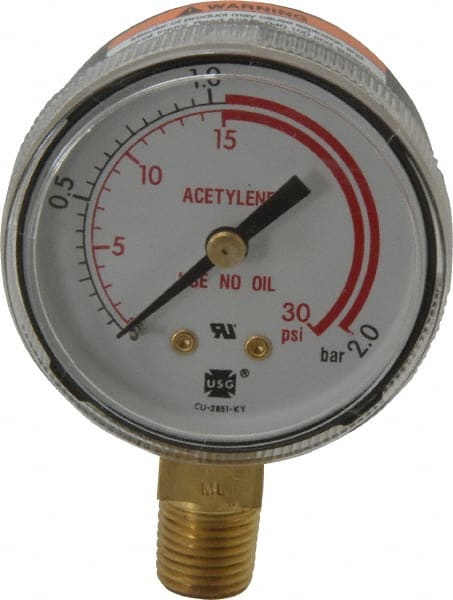 Miller-Smith - 1/4 Inch NPT, 30 Max psi, Steel Case Cylinder Pressure Gauge - 2 Inch Dial Diameter, Acetylene Only - Exact Tooling