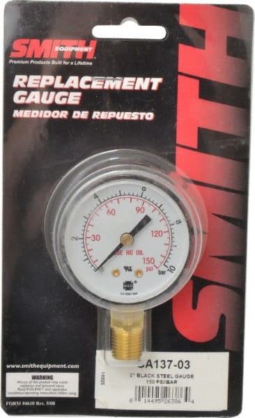 Miller-Smith - 1/4 Inch NPT, 150 Max psi, Steel Case Cylinder Pressure Gauge - 2 Inch Dial Diameter, All Gases - Exact Tooling