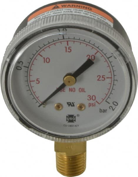 Miller-Smith - 1/4 Inch NPT, 30 Max psi, Steel Case Cylinder Pressure Gauge - 2 Inch Dial Diameter, All Gases - Exact Tooling