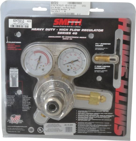 Miller-Smith - 300 CGA Inlet Connection, B L/H Fitting, 15 Max psi, Acetylene Welding Regulator - 9/16-18 Thread, Left Hand Rotation - Exact Tooling