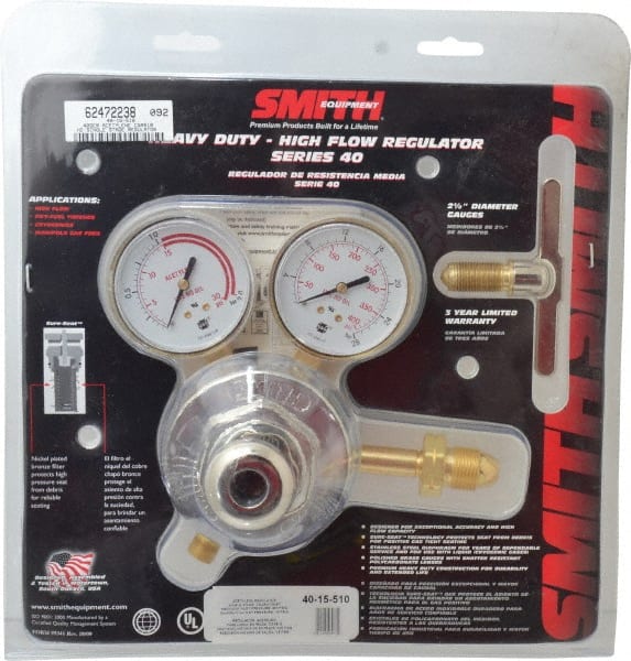 Miller-Smith - 510 CGA Inlet Connection, B L/H Fitting, 15 Max psi, Acetylene Welding Regulator - 9/16-18 Thread, Left Hand Rotation - Exact Tooling