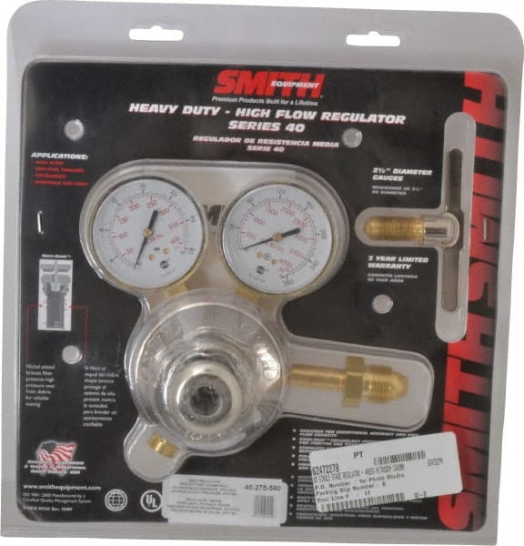 Miller-Smith - 580 CGA Inlet Connection, Internal Fitting, 275 Max psi, Nitrogen Welding Regulator - 5/8-18 Thread, Right Hand Rotation - Exact Tooling