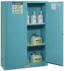 Justrite - 2 Door, 2 Shelf, Blue Steel Standard Safety Cabinet for Corrosive Chemicals - 65" High x 43" Wide x 18" Deep, Manual Closing Door, 3 Point Key Lock, 45 Gal Capacity - Exact Tooling