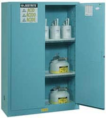 Justrite - 2 Door, 2 Shelf, Blue Steel Standard Safety Cabinet for Corrosive Chemicals - 65" High x 43" Wide x 18" Deep, Manual Closing Door, 3 Point Key Lock, 45 Gal Capacity - Exact Tooling