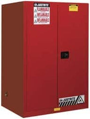 Justrite - 2 Door, 2 Shelf, Red Steel Standard Safety Cabinet for Flammable and Combustible Liquids - 65" High x 43" Wide x 34" Deep, Manual Closing Door, 3 Point Key Lock, 90 Gal Capacity - Exact Tooling
