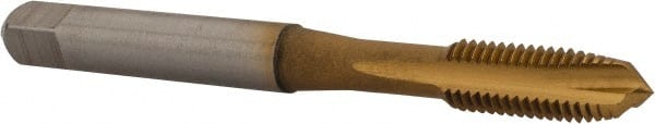 Accupro - 1/4-28 UNF, 3 Flute, TiN Finish, Powdered Metal Spiral Point Tap - Plug Chamfer, Right Hand Thread, 2-1/2" OAL, 3B Class of Fit - Exact Tooling