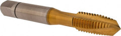 Accupro - M10x1.50 Metric Coarse, 3 Flute, TiN Finish, Powdered Metal Spiral Point Tap - Plug Chamfer, Right Hand Thread, 2-15/16" OAL, 6H Class of Fit - Exact Tooling