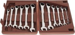 Paramount - 12 Piece, 8mm to 19mm, Ratcheting Combination Wrench Set - Metric Measurement Standard, Full Polish Chrome Finish, Comes in Blow Molded Case - Exact Tooling