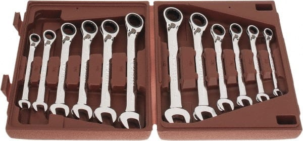 Paramount - 12 Piece, 8mm to 19mm, Reversible Ratcheting Combination Wrench Set - Metric Measurement Standard, Full Polish Chrome Finish, Comes in Blow Molded Case - Exact Tooling