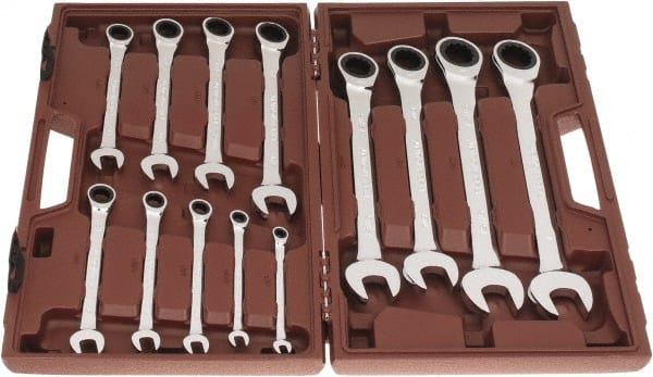 Paramount - 13 Piece, 1/4" to 1", Ratcheting Combination Wrench Set - Inch Measurement Standard, Full Polish Chrome Finish, Comes in Blow Molded Case - Exact Tooling