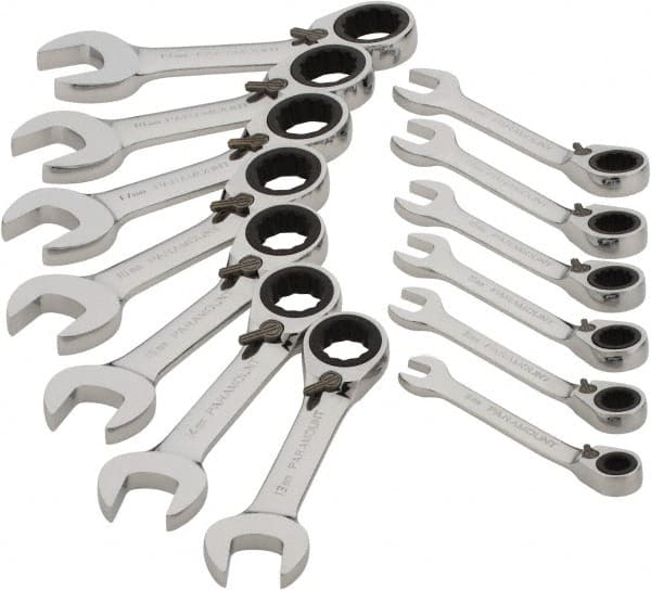 Paramount - 13 Piece, 6mm to 19mm, Stubby Ratcheting Reversible Combination Wrench Set - Metric Measurement Standard, Full Polish Chrome Finish, Comes in Blow Molded Case - Exact Tooling