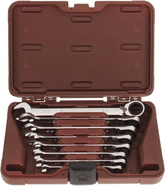 Paramount - 8 Piece, 5/16 to 3/4", Reversible Ratcheting Combination Wrench Set - Inch System of Measurement, Full Polish Chrome Finish, Comes in Blow Molded Case - Exact Tooling