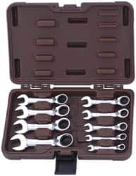 Paramount - 9 Piece, 1/4" to 3/4", Stubby Ratcheting Reversible Combination Wrench Set - Inch Measurement Standard, Full Polish Chrome Finish, Comes in Blow Molded Case - Exact Tooling