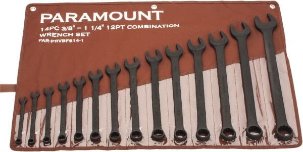Paramount - 14 Piece, 3/8" to 1-1/4", Combination Wrench Set - Inch Measurement Standard, Black Oxide Finish, Comes in Canvas Roll - Exact Tooling