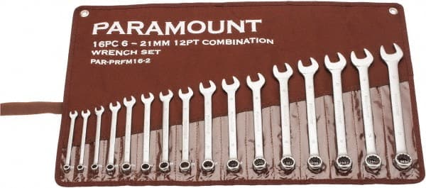 Paramount - 16 Piece, 6mm to 21mm, Combination Wrench Set - Metric Measurement Standard, Satin Chrome Finish, Comes in Canvas Roll - Exact Tooling