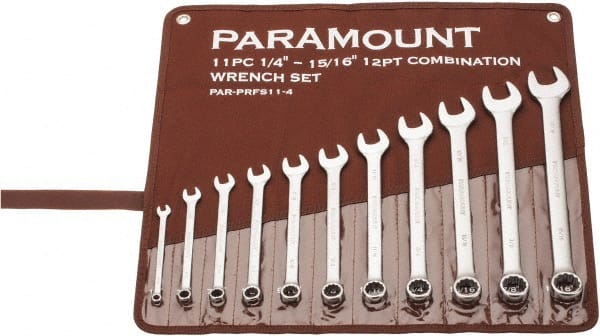 Paramount - 11 Piece, 1/4" to 15/16", Combination Wrench Set - Inch Measurement Standard, Satin Chrome Finish, Comes in Canvas Roll - Exact Tooling
