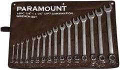 Paramount - 16 Piece, 1/4 to 1-1/4", Combination Wrench Set - Inch System of Measurement, Satin Chrome Finish, Comes in Canvas Roll - Exact Tooling