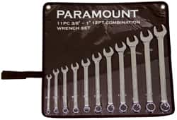 Paramount - 11 Piece, 3/8" to 1" (mm), Combination Wrench Set - Inch/Metric Measurement Standard, Full Polish Chrome Finish, Comes in Canvas Roll - Exact Tooling