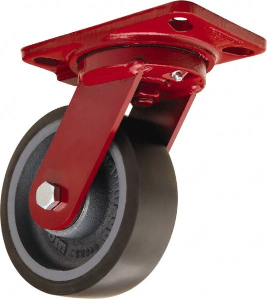 Hamilton - 6" Diam x 2" Wide x 7-3/4" OAH Top Plate Mount Swivel Caster - Polyurethane Mold onto Cast Iron Center, 1,560 Lb Capacity, Tapered Roller Bearing, 4-1/2 x 6-1/2" Plate - Exact Tooling